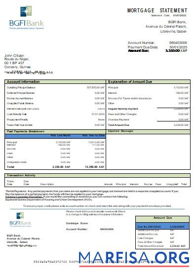 Printable Equatorial Guinea BGFI Bank mortgage statement scr sample
